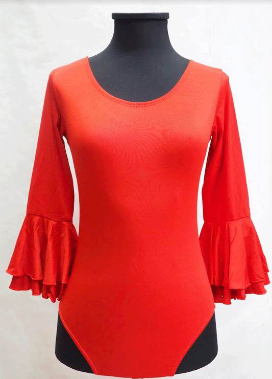 Economical Long-Sleeved Red Leotard with Ruffle for Adults